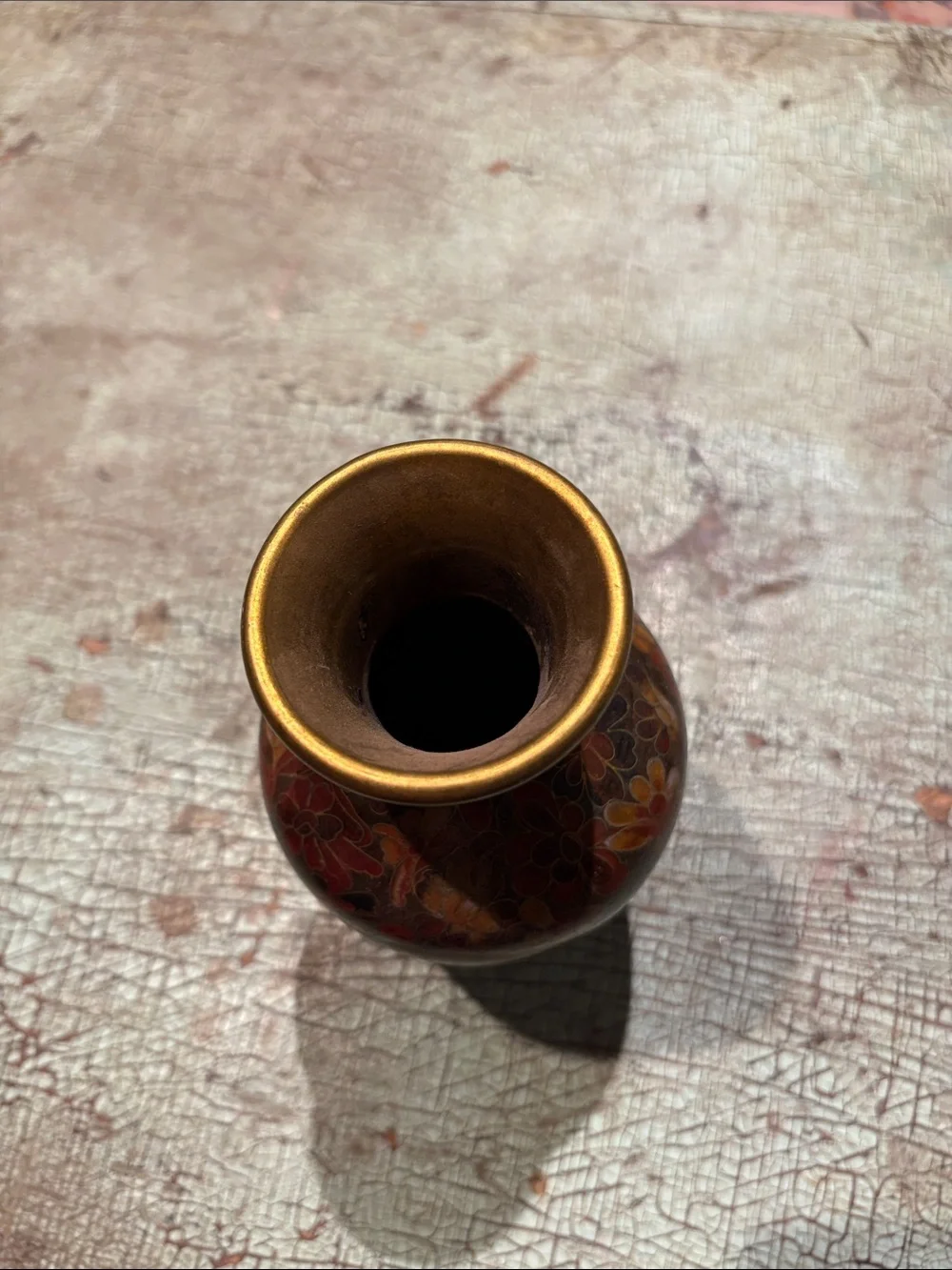 Chinese Cloisonné Floral Vase Multicolor Enamel Gold Tone 8”